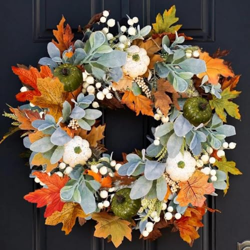 Türkranz Herbstdeko,Künstlicher Herbst Kranz,Halloween Kranz Vordertür,Herbst Halloween Ahorn Blatt Kürbis Tür Kränze für Outdoor außerhalb Oktober Ernte Thanksgiving Dekorationen