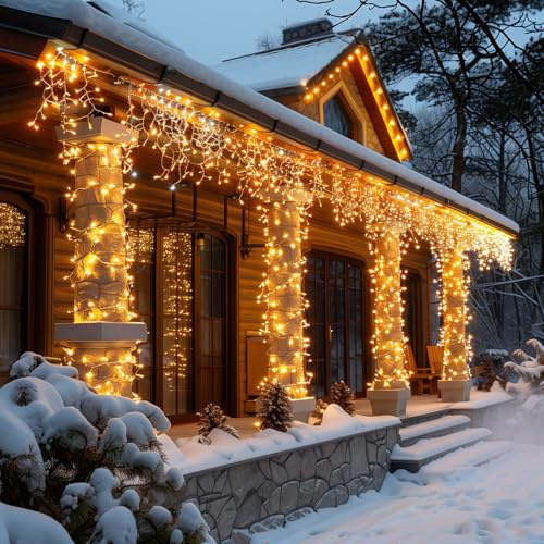 Rideau Lumineux Noel Exterieur Interieur,15M 600 LED Guirlande Lumineuse,Etanche IP44、8 Modes，LED Guirlande de Noel，Lumineuse LED Noël Décoration pour Décoration Fenêtre Noël Anniversaire Mariage Fête