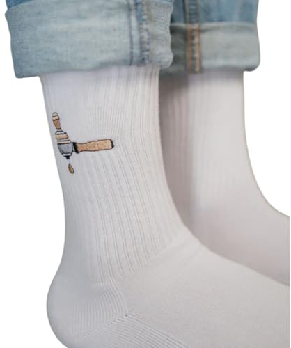 Fashion Drinks Siebträger & Tamper Bestickte Bio-Baumwoll-Crewsocken – Wandersocken, Trekkingsocken & Funktionssocken (DE/NL/SE/PL, Numerisch, 42, 46, Regular, Regular, Weiß)