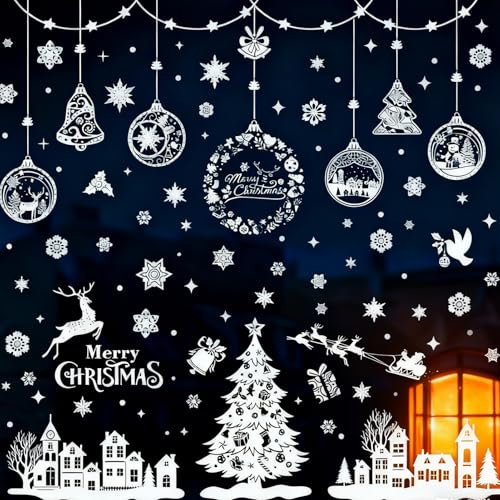 Stickers Noel Fenetre Réutilisable, 243 Autocollant Noel Fenetre Electrostatique Decoration, PVC Sapin Flocon de Neige Stickers Fenetre Noel pour DIY Décor Fenêtre, Vitrines, Façades en V