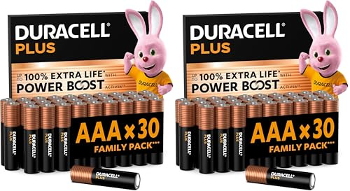 DURACELL Plus AAA Batteries (60 Pack) – Alkaline Batteries 1.5V – Up to 100% Extra Life with POWER BOOST Actives– Reliability For Everyday Devices – 0% Plastic Packaging – 10-Year Storage-MN2400