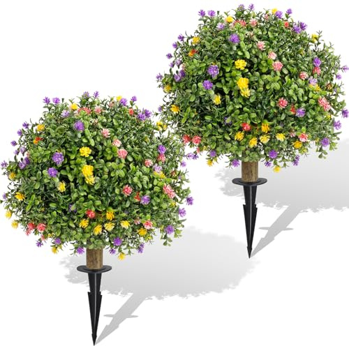 TIMBERHIDE Set of 2 Artificial Colorful Blossoms Spherical Tree,UV-Resistant Faux Shrub,Outdoor Artificial Plants,Suitable for Gardens,Porches and Outdoor Planters