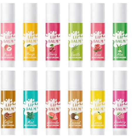Lot de 12 Baumes à Lèvres Nourrissants aux Différentes Saveurs, Hydratants pour les Lèvres, Masque Lèvre aux Fruits, Baume à Lèvres Réparateur pour le Jour et la Nuit, Soin des Lèvres Lip Balm