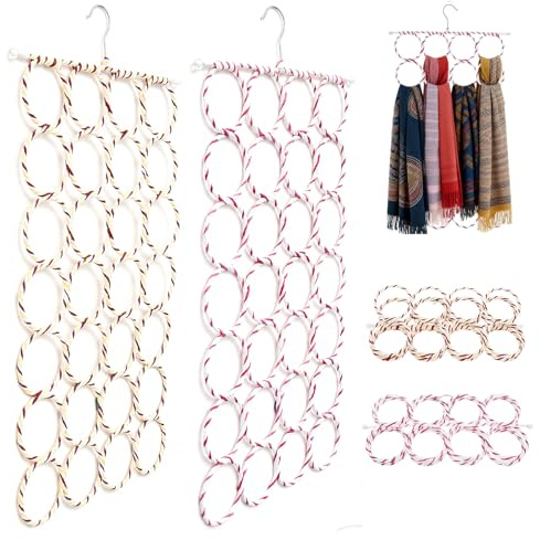 2Pcs Scarf Hanger Foldable 28 Ring Hole Slots Scarf Ties Belt Organiser Space Saving Closet Hangers Hijab Organizer Multifunctional Purse Hanger for Closet Scarves Shawl Belt Jeans, Towel, Ties
