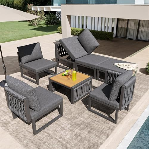 Jaxenor 6 Sitzer Lounge Möbel Outdoor mit Tisch, Garten Loungemöbel Set mit Verstellbarer Rückenlehnenwinkel, Gartenlounge Outdoor für Terrasse, Garten und Balkon, Doppelliege, Balkon Sofa, Grau