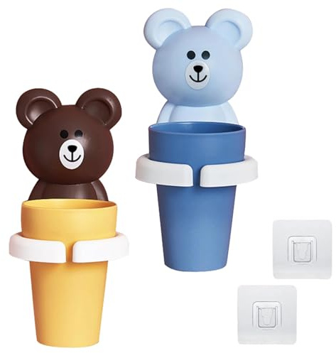 CHSEROK 2 Piezas Soporte para Vasos de Dientes Sin Taladrar, Osito Adorable Estante de Taza del Cepillo y Vaso Enjuague Bucal, Autoadhesivo Soporte Cepillo de Dientes, para Baño, Hotel, Escritorio