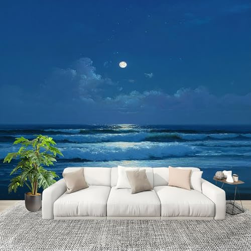 Papel Pintado Infantil 250x175 cm De EnsueñO Vista Nocturna Del Mar Decoración de Habitaciones y Salones Azul Fotomurales Tejido No Tejido para Niños y Niñas Interior Papel Pintado Pared