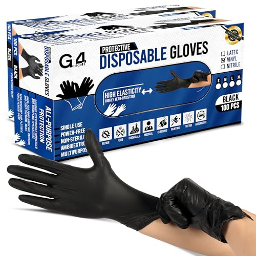 G4GADGET Black Vinyl Disposable Gloves Extra Large (XL) – 200 Pack, Latex-Free Powder-Free Gloves, Food Safe for Cooking, Cleaning, Salon, Tattoo, Car Detailing & Home Use
