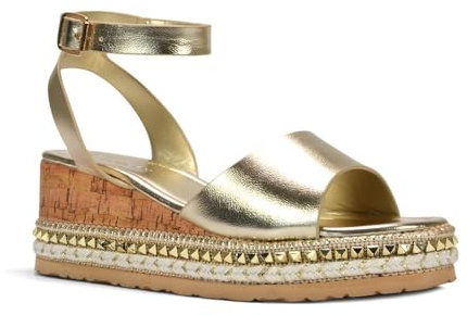 ESSEX GLAM Women's Wedge Heel Sandals Ladies Gold Platform Espadrille Ankle Strap Open Toe Summer Holiday Walking Shoes Size 6