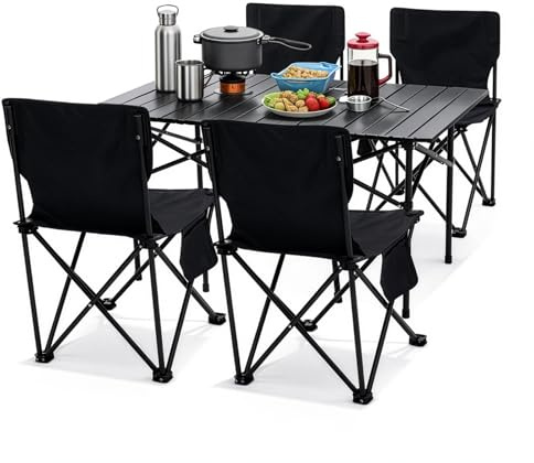 GoDyna Outdoor Klapptisch Stuhl Set für Camping & Picknick – 5-teiliges tragbares Metall-Camping- & Picknick-Essset mit Tragetasche, ideal für Terrasse, Grillen,Wandern & Garten (95×55×50 cm)