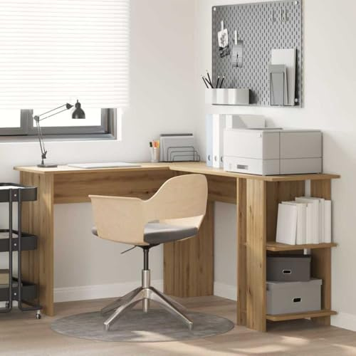 Ziaphsol hörnskrivbord artisanek av trämaterial med hylla och hylla, utrymmesbesparande datorbord för hemmakontor, kontorsbord med förvaringsutrymme, arbetsrum och spelområde