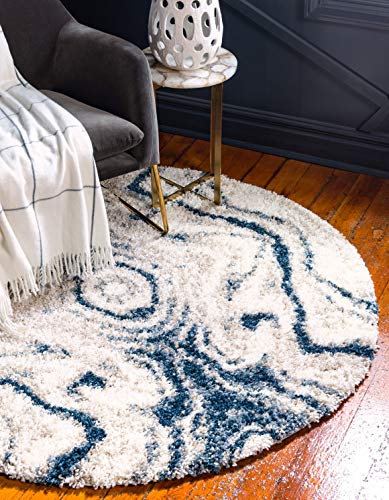 Unique Loom Alfombra de Pasillo con diseño geométrico de Enrejado marroquí, de Color Beige, 100% Polipropileno con Flecos Trenzados a Mano., Azul/Gris, 3' 3 x 3' 3 Round
