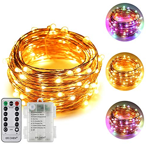 ErChen Batteriebetriebene Zweifarbige Led Lichterketten, 33 FT 10M 100 Leds Farbe ändern Dimmbar 8 Modi Kupfer Draht-Lichterketten mit Fernbedienung Timer für Innen Außen Xmas (Warmweiß, Mehrfarbig)