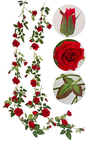 cn-Knight 2pcs Künstliche Rose Rebe,1,8 Lange Rosengirlande,Samtige Blumenranke,für Hochzeitsbogen,Hintergrund,Dekoration,Heimdeko,Kranz,Rot