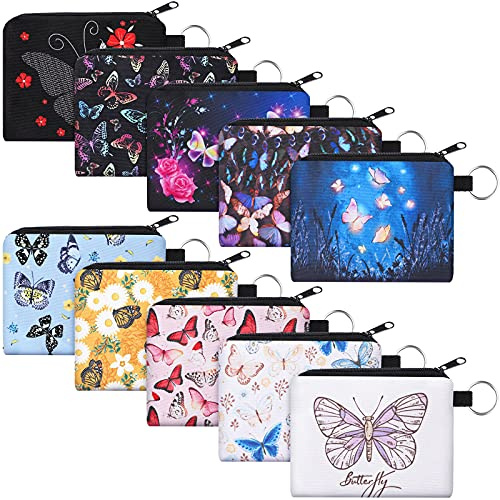 Boao 10 Pieces Small Change Purse Bulk Coin Purse Mini Pouches Wallet Bag with Zipper for Women Girls(Butterfly and Flower,4.52 x 3.74 Inch)