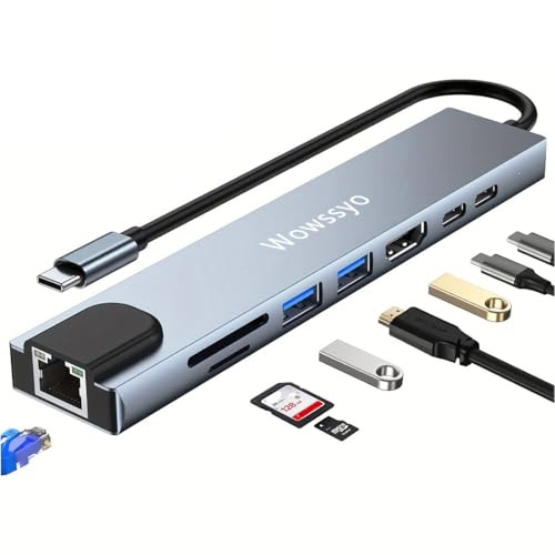 Wowssyo Hub USB C Ethernet 8 in 1, Docking Station USB C，Multiporta USB Hub, HDTV 4K, PD 100 W, USB 3.0, SD/TF, USB-C, Adattatore MacBook M1 Air Pro, per iPad, Switch, Chromecast, Cellulare e altro