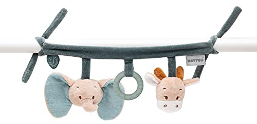 Nattou Spielzeug zum Aufhängen aus Baumwolle (Musselin) und Polyester, Mit Rasseln und Silikonring, Ca. 32 cm, Luna und Axel, Grün/Beige