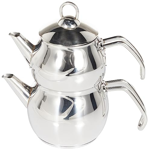 Karaca Adelya Caydanlik - Mini tetera turca de metal de 0,65 l + tapa y bebedero de 1,1 l de acero inoxidable - Apto para lavavajillas - Apto para lavavajillas