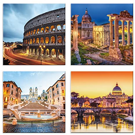 LuxHomeDecor Quadri roma 4 pezzi 30x30 cm Stampa su Tela con Telaio in Legno arte arredo