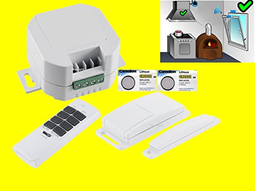 JKshop24 Funk Abluftsteuerung Fensterkontaktschalter mit UP/Einbau-Empfänger High-Tech-Set Dunstabzugshaube + Handsender - 2000W Power-Funkempfänger + Fenstersensor + Handsender +2x Ersatzbatterie