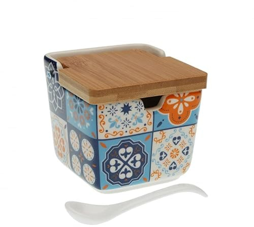 D,casa Azucarero de Cocina de Cerámica con Tapa de Madera Diseños Originales Mosaico Bicolor - Azucarero Azul-naranja