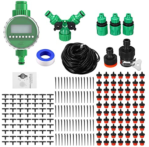 60 m Bewässerungssystem, ROFMAPLE Tropfbewässerungsset mit automatischer Wasserzeitschaltuhr, Schlauch, Gewächshaus, Bewässerungssysteme Nebelbewässerungssystem für Garten Terrasse Gewächshaus Rasen