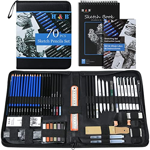 H & B 70 Pack Sketching Pencil Set with Sketchbook, Professional Sketch Pencils for Drawing, Art Supplies for Adults, Artists, Beginners
