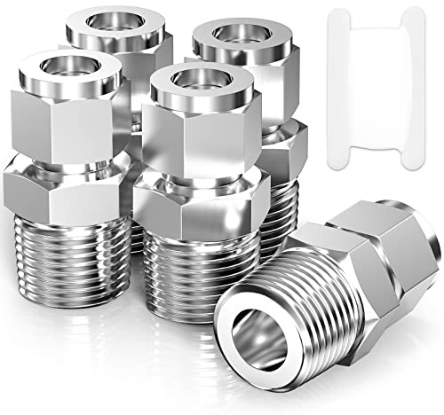 TAISHER 5PCS 304 Stainless Steel Compression Tube Pipe Fitting Connector, 3/8 Tube OD x 1/2 NPT Male Straight Adapter