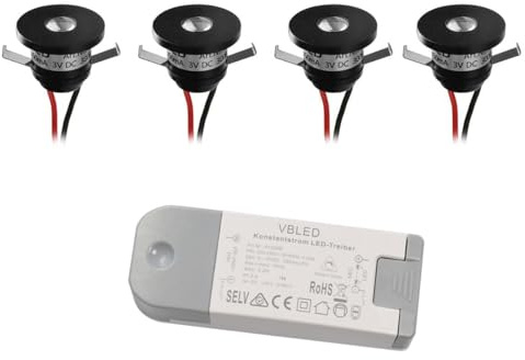 VBLED® 4er-Set 1W LED Mini Einbauspot Einbaustrahler ALDYNE Schwarz 350mA 3VDC 80lm 3000K mit dimmbaren Netzteil