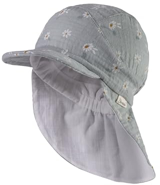Sterntaler Schirmmütze mit Nackenschutz Gänseblumen für Mädchen - Kinder Mütze - Sonnenkappe Kinder aus Baumwolle - steingrün, 53