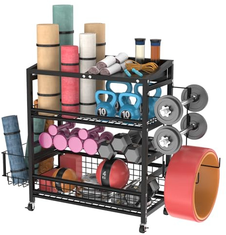 Womamny Yoga Matte Regal, Verstellbarer Hantelständer, Zuhause Fitnessgeräte Organizer für Yogamatten,Hanteln, Kettlebell,Yoga Block, Schaumstoffrolle,Hantelablage mit Haken & AbschließBaren Rädern