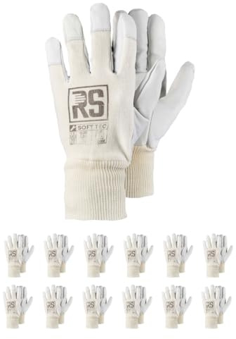 RS Soft TEC 9 Montage-Handschuhe verstärktes Ziegenleder/Größe 9, 12 Paar/Weiß/Montagehandschuhe/Arbeitshandschuhe Leder Herren Damen robuste Lederhandschuhe Schutzhandschuhe