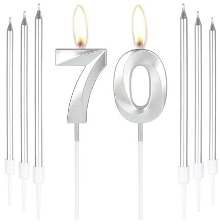 mciskin Silver 70 Birthday Candles-3D Number 70 Candle for Cake with 6pcs Long/Thin Candles Set,Silver Cake Topper for Women Men 70th Birthday Decorations Supplies,70th Wedding Anniversary Décor