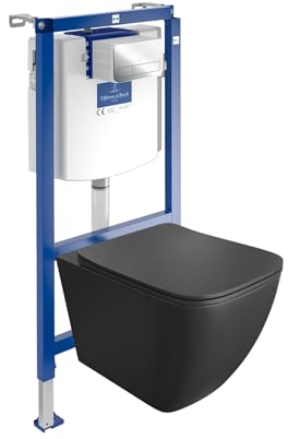 Lavita ViConnect H112 Vorwandelement Unterputz WC mit Bedienplatte + Wand Hänge Tiefspül WC Onil Schwarz Spülrandlos + WC Sitz Komplettset Unterputz Spülkasten Toilette Komplett Sett WC