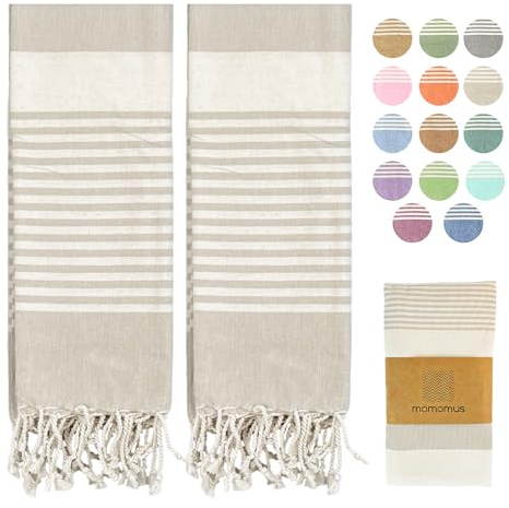 MOMOMUS Pack von 2 Fouta XL oder Strandhandtuch Baumwolle 100% - Saugfähig, Ultraweich, Kompakt - Ideal als Strandtuch, Hamamtuch und Saunahandtuch - Beige, 90x180cm