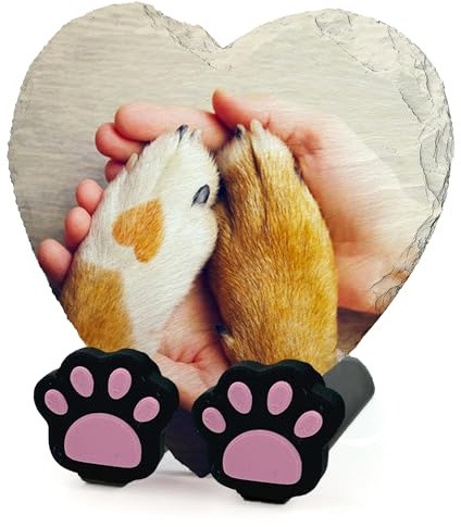 EMIT PRINT Personalisierte Gedenktafel für Haustiere Herz Foto Text Name mit Pfote Display Stand Katze Hund Schiefer Stein Grab Marker | Voller Druck | Größe 10x10 cm