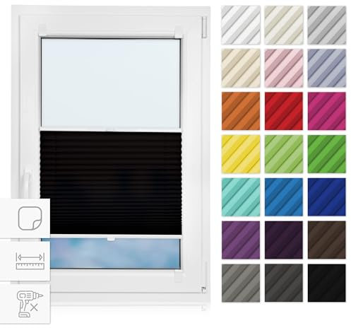 Estika Plissee zum kleben 115 cm x 150 cm - Schwarz - Plissee kleben, Plissee ohne Bohren, Rollos für Fenster ohne Bohren, Jalousien Fenster für innen, Fenster plissee