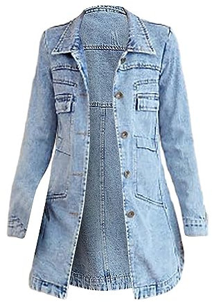 Damen Jeansjacke Lang Oversize, Trenchcoat Lang Winter Revers Jeans Mantel Parka Jacke Mit Tasten Elegant Denim Winter Jeansmantel Baumwolle Übergangsjacke Slim Fit Winterjacke Übergangsmantel