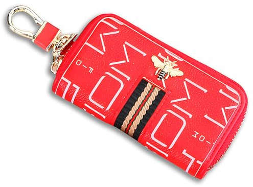 HIAHXC Car Key Case Multifunctional key fob cover Zipper Closure Keychain Pouch Leather Car Key Fob Case with Metal Hook for Men Women (Red)