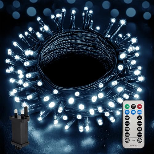 Desiretech - LED Plug-in Christmas Lights - Waterproof Holiday String Lights with Remote, 8 Modes, Timer for Christmas Trees, Garlands, Wreaths and Festive Decor, Dimmable (Cool White, 20m / 200 LED)