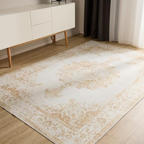 benuta Basic Waschbarer Teppich George - Creme/Gelb 120x170 cm - Kunstfaser - Rechteckig & im Style: Vintage, Elegant, Retro - Pflegeleicht für Wohnzimmer Schlafzimmer