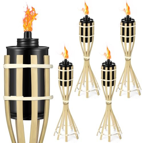 Wonderjune 5 Pack Bamboo Torches for Outside Weather Resistant Coated Torch Garden Outdoor Torches Back Yard Torch Natural Patio Torch for Home Tropical Luau Party Decor Lighting, 13.78 Inches Tall