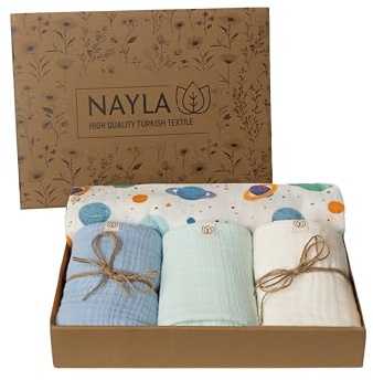 Nayla Muselinas Bebe Algodon 120x120 y 65x65-100% Organico con Gasas Grandes Suaves para Recién Nacido Muy Versátiles como Arrullo para Verano - Manta Ligera Color Azul Planetas.