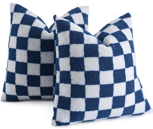 AmHoo 2er Set Dekorative Kissenbezug Schachbrett Dekokissen Sofakissen Luxus Super Sanft Kunstpelz Wolle Set Fall Kissen für Couch Sofa Schlafzimmer 45x45 cm Navy Blau