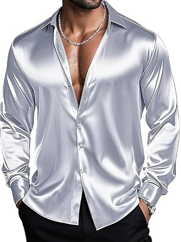 Barry.Wang Camicie da uomo a maniche lunghe, elasticizzate, tinta unita, con bottoni, in raso, per occasioni formali, casual, aziendali, matrimoni, feste, L