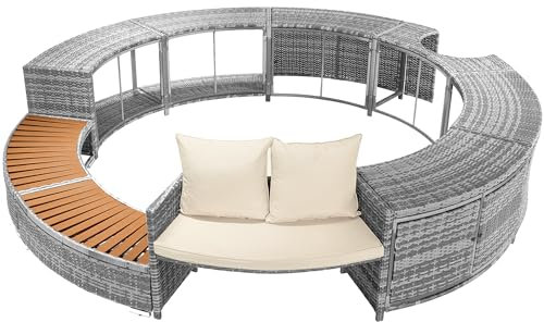 Garten-Lounge-Set mit runder Couch, Gartenmöbel-Set, Poolumrandung, Lounge-Set, für Whirlpool und Pool, mit verstellbaren Füßen, inklusive Kissen, Möbel für Terrasse, Garten oder Poolbereich (Grau)