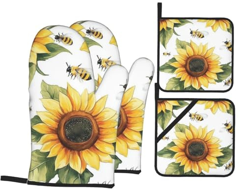 4 Pcs Watercolor Bees Sunflower Oven Mitts and Potholders,Kitchen Oven Glove with Pot Holders,Non-Slip Gloves High Heat Resistant 500 Degree for BBQ, Grill, Baking, Cooking, Oven, Microwave