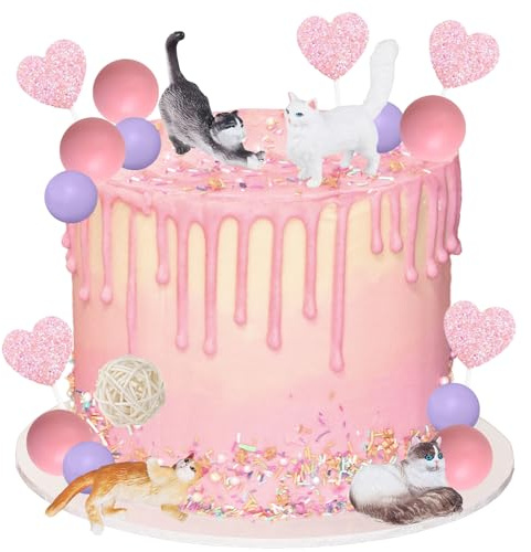 TAXTYHRE Tortendeko Katze, 20 Stück Katze Cupcake Topper, Realistische Kätzchen Figuren, Glitter Herz Cupcake Toppers, Kugeln Tortendeko, für Babyparty Katze Themed Geburtstag Party