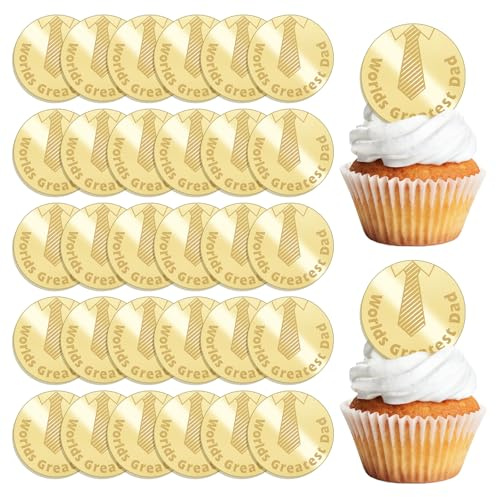 URROMA Father's Day Cupcake Toppers, 30Pcs Gold Mirror Acrylic Cake Discs Tie and Wrolds Greatest Dad Front Cupcake Picks Cake Dessert Decor