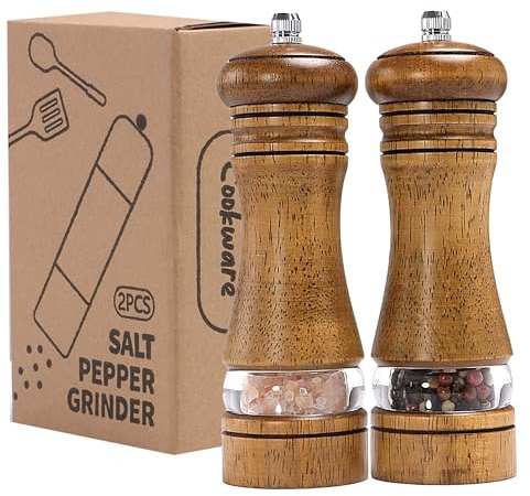 Mikinya Moulin à poivre et sel en bois avec fenêtre en acrylique, moulin à poivre en bois, mécanisme de broyage réglable en céramique, rechargeable pour diverses épices (16,5 cm, lot de 2)